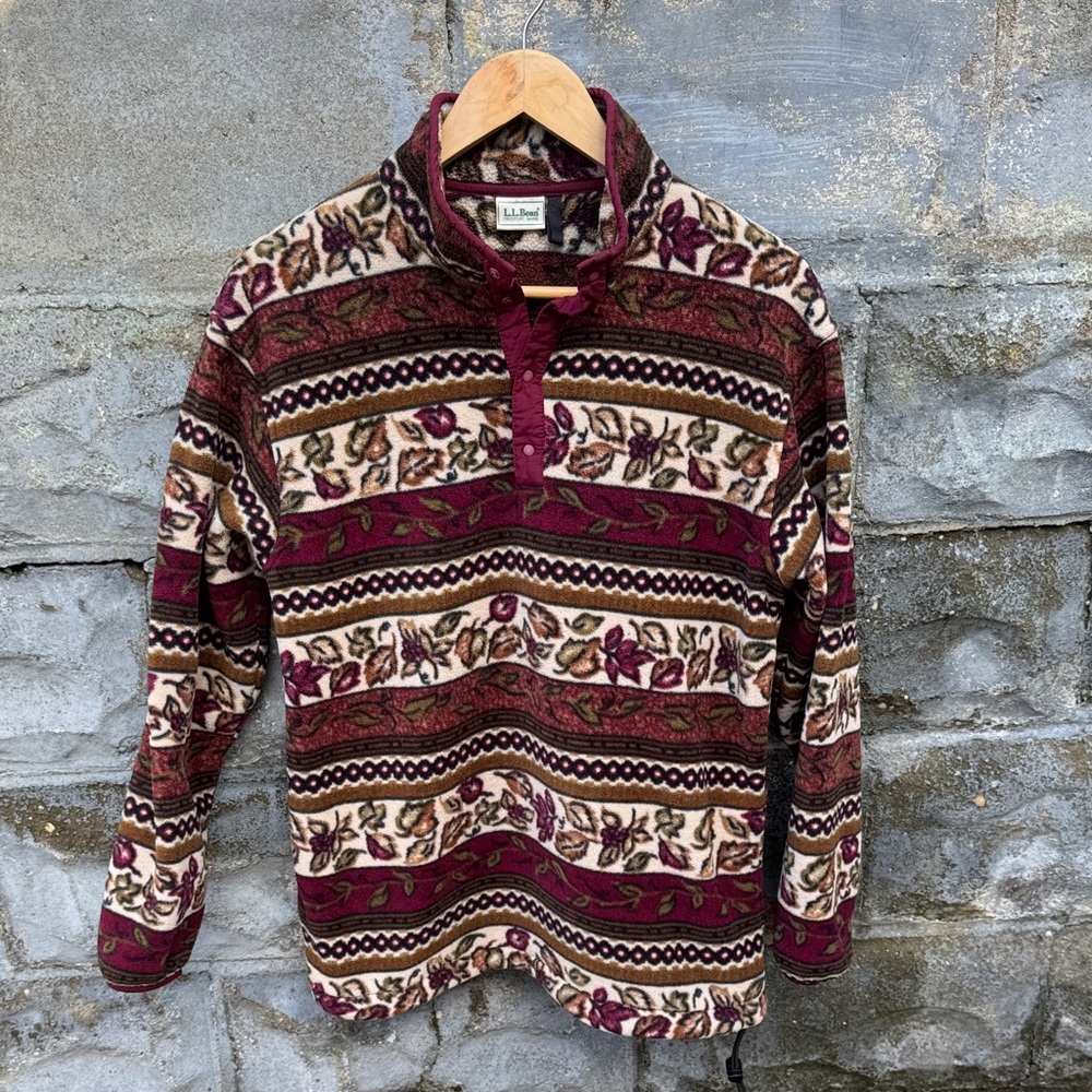 Vintage LL Bean Snap Fleece Sweater Medium Leaf Pattern Rare Ski Cottage